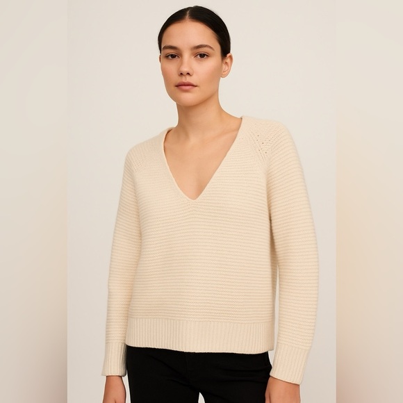 Selected Femme Cream Knitted V-Neck Cotton Sweater - Picture 1 of 4
